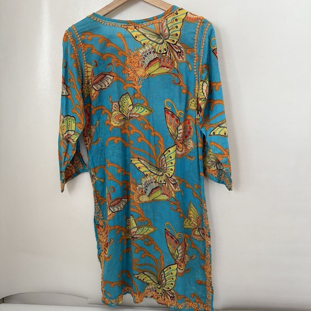 Amaya Embroidered Tunic Women's Small 100% Cotton Blue Floral Butterfly Cover Up - Picture 2 of 9